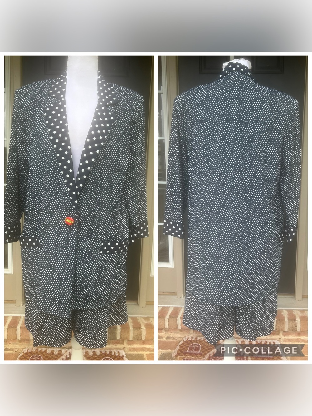 Vintage 90s blue white polka dot blazer shorts set maximalist shoulder pads XS S